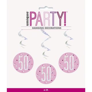 UNIQUE PARTY Glitz Pink 50th Swirl Dec 6pk