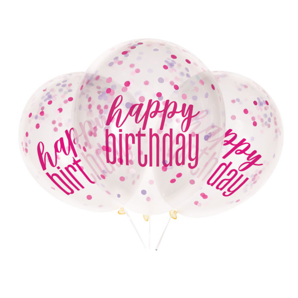 6 12" Clear Printed Glitz "Happy Birthday" Balloons with Confetti, Pink & Silver