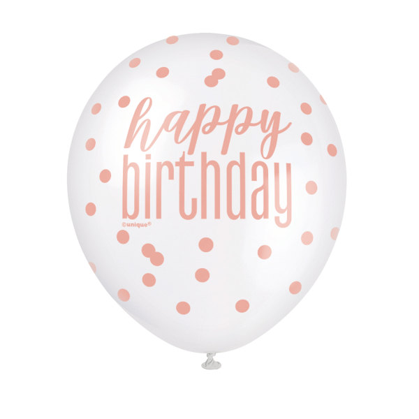 6 12" Glitz Rose Gold Latex Balloons "Happy Birthday"