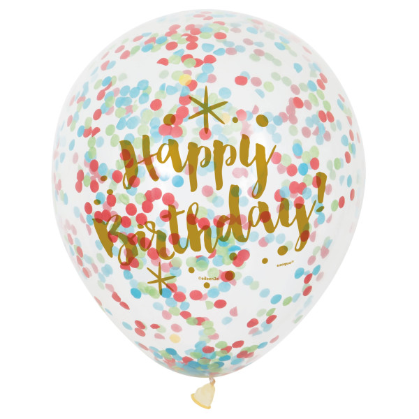 Glitzy Gold Birthday Clear Latex Balloons with Confetti 12", 6ct