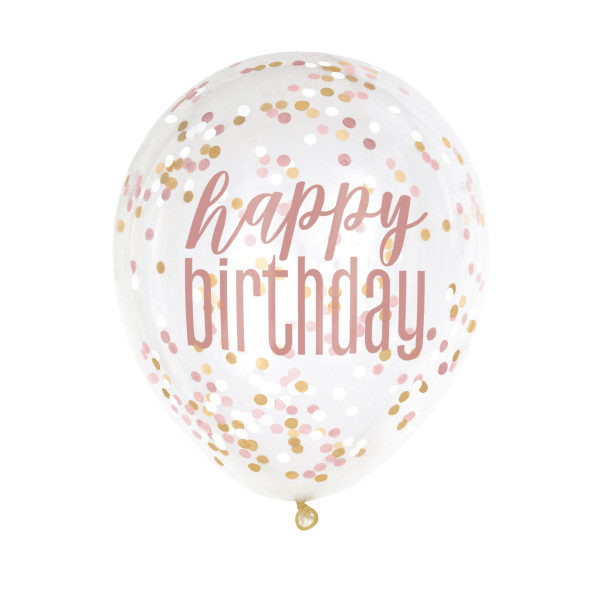 6 12" Clear Printed Rose Gold "Happy Birthday" Balloons with Confetti
