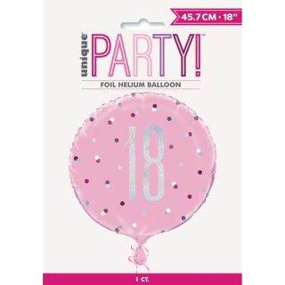 Birthday Pink Glitz Number 18 Round Foil Balloon 18", Packaged - 83369*