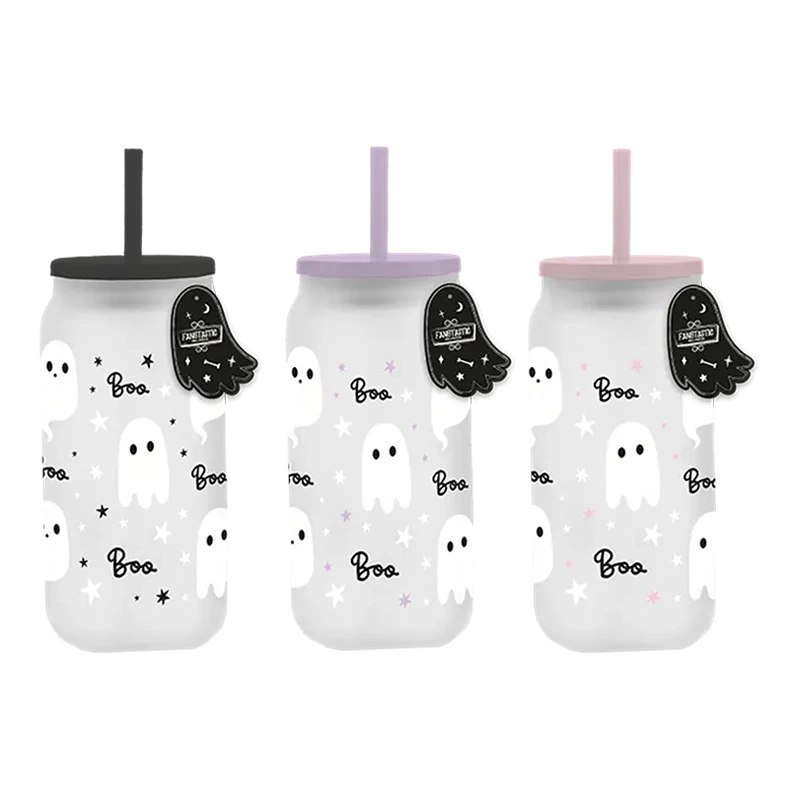 1CT Ghost Glass Mason Jar With Straw - HAL12003OB*