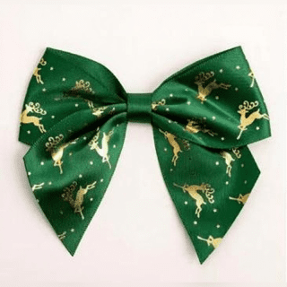 10cm Satin Bows (Self Adhesive) 6pcs Reindeer Green/Gold Foil