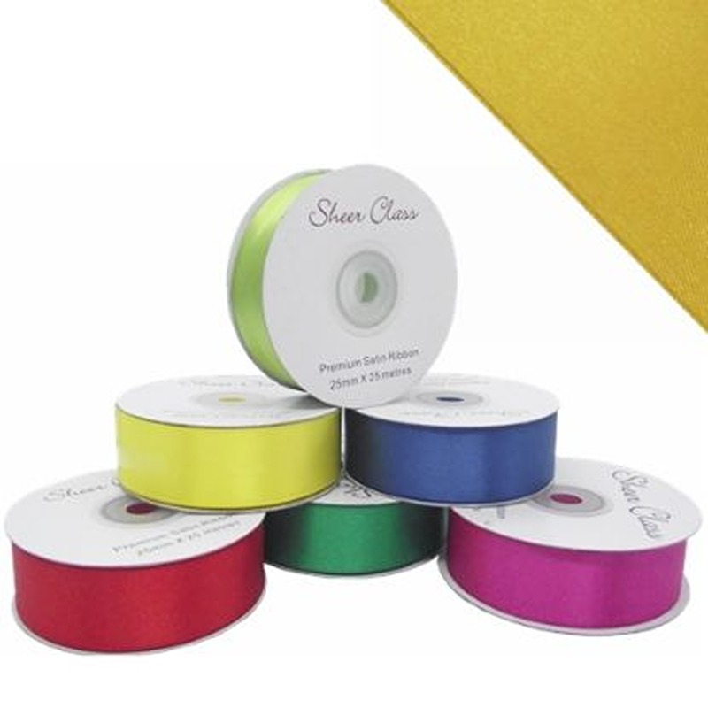 DOUBLE FACE SATIN RIBBON 25mm X 25metres BRIGHT GOLD - 817942