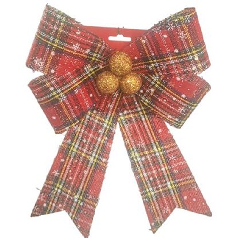 30cm LARGE CHRISTMAS BOW WITH BERRIES TARTON RED/GREEN - 027733
