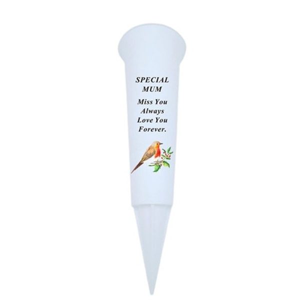Mum Plastic White Spike Vase With Robin - DF19526-E