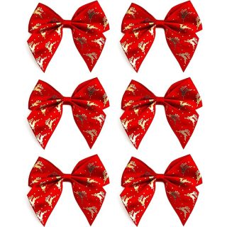 10cm Satin Bows (Self Adhesive) 6pcs Reindeer Red/Gold Foil - 9653