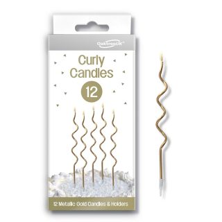 Oaktree - Curly Candles x12 with Holders Gold - 656666