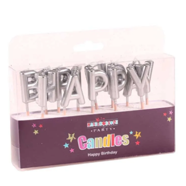 Happy Birthday Pick Candle- Metallic Silver