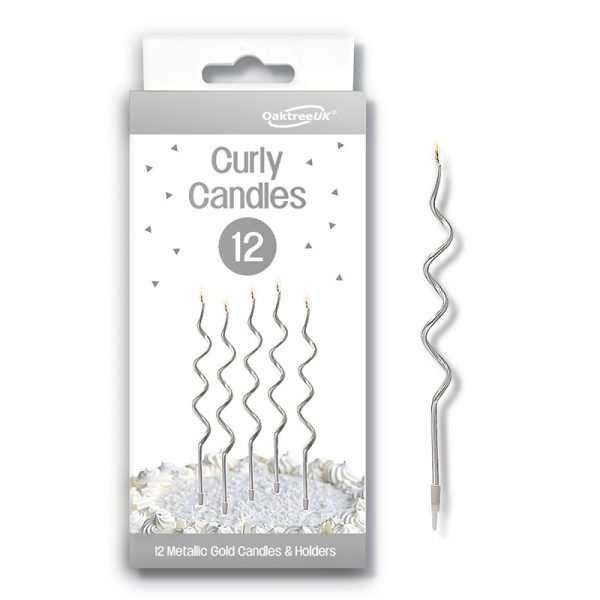Oaktree - Curly Candles x 12 with Holders Silver - 656673