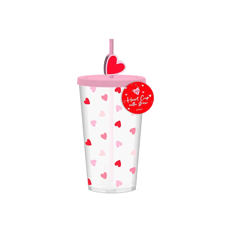 Re-usable Plastic Heart Cup with Straw - VAL12684OB