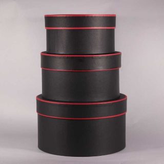 Set of 3-Round Hat Boxes-Black W/Red Trim