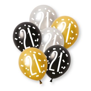 6ct Glitz Black Number 21 Assorted Platinum & Pearl Premium 12" Latex Balloons