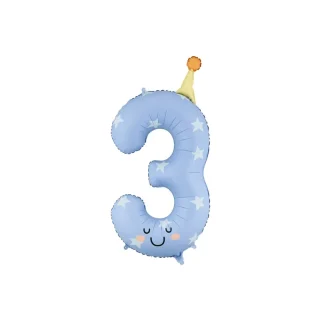 PartyDeco - Foil balloon Number ''3'', 86cm, blue - FB411T-3