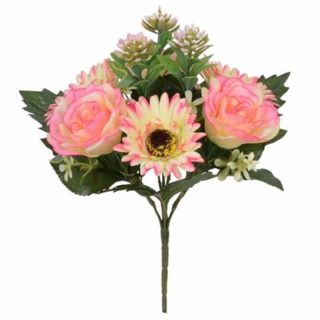 33cm ROSE GERBERA AND SUCCULENT BUSH PINK/CREAM - 022349