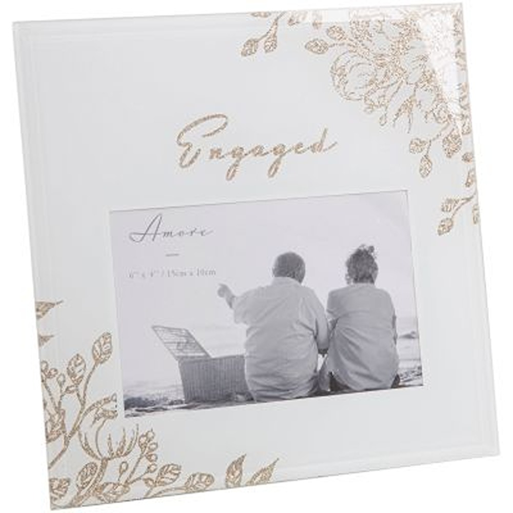 WIDDOP - 6" x 4" Amore 'Engaged' Pale Grey Glass Gold Floral Frame - WG1062