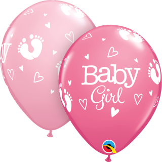 11"  ROUND  ROSE&PINK       25CT - BABY GIRL FOOTPRINTS & HEARTS