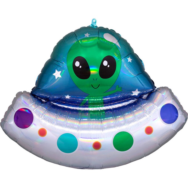 Foil Balloon - Shape - Alien in Spaceship - Holographic - 71 x 53 cm