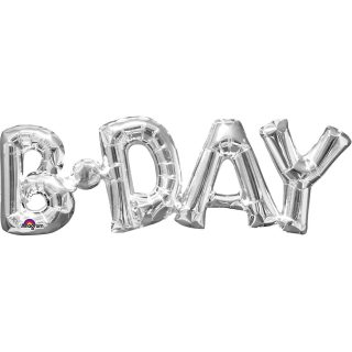 Anagram "B-Day" Phrase Silver SuperShape Foil Balloons 26"/66cm w x 9"/22cm h S55