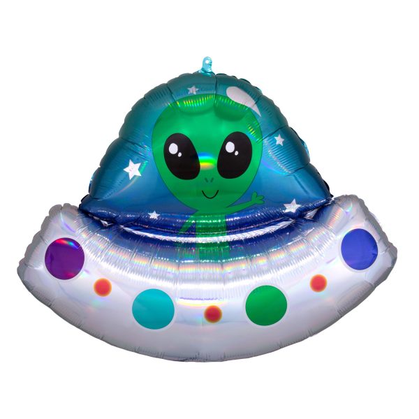 Anagram Alien Spaceship Holographic Iridescent SuperShape Foil Balloons 28"/71cm w x 21"/53cm h P40