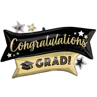 Anagram Congratulations Grad Gold & Black SuperShape Foil Balloons 38"/96cm w x 23"/58cm h P35