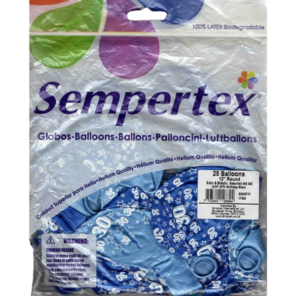 Sempertex - Satin & Metallic Blue Mix 30th Balloons - 25ct - 200009737