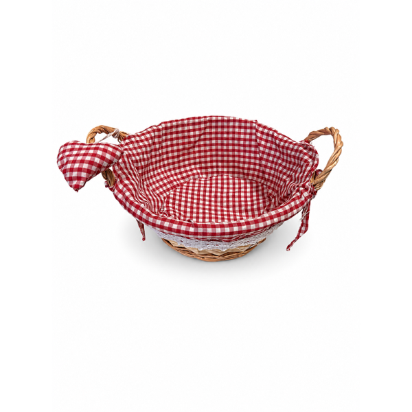 23cm Round Gingham Cloth Lined Eared Basket With Heart - Red - 822243