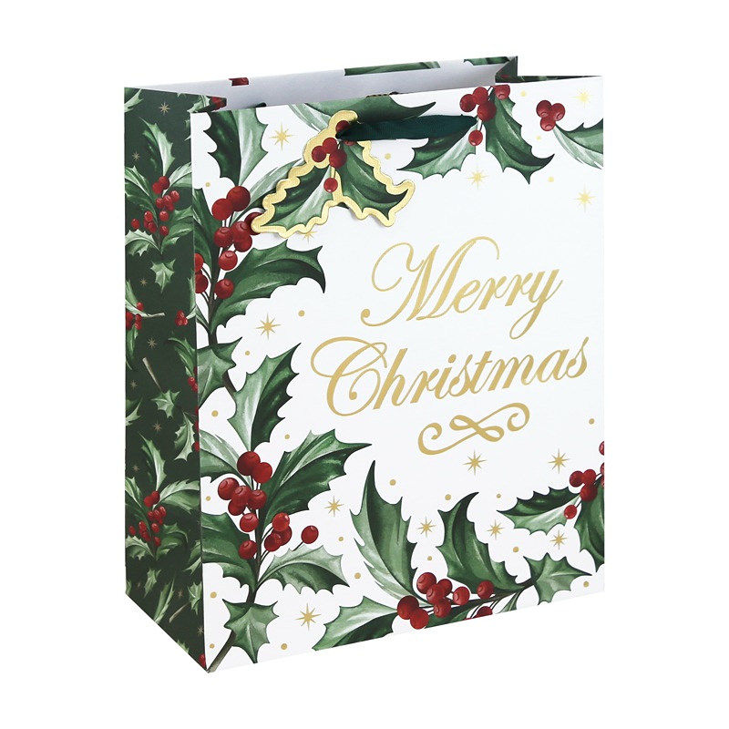 Eurowrap - HOLLY XMAS WHITE KRAFT LARGE BAG - X-37427-2C