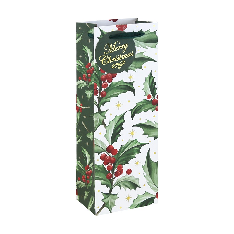 Holly Xmas White Bottle Bag - X-37427-4C