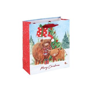 Eurowrap - HIGHLAND COW WHITE KRAFT MED BAG - X-37433-3C