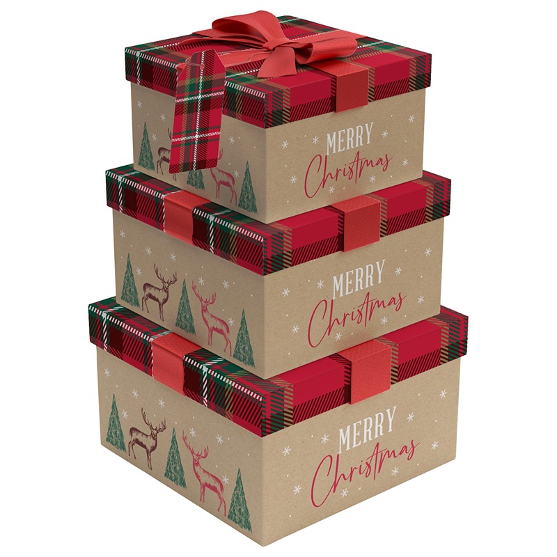 3pc Square Tartan Xmas Woodland Box - X-37865-BXC