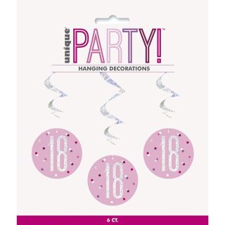 UNIQUE PARTY Glitz Pink 18th Swirl Dec 6pk