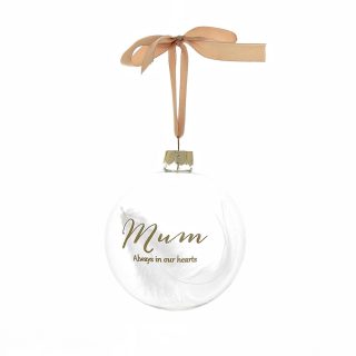 THOUGHTS OF YOU GLASS BAUBLE WITH FEATHER "MUM"