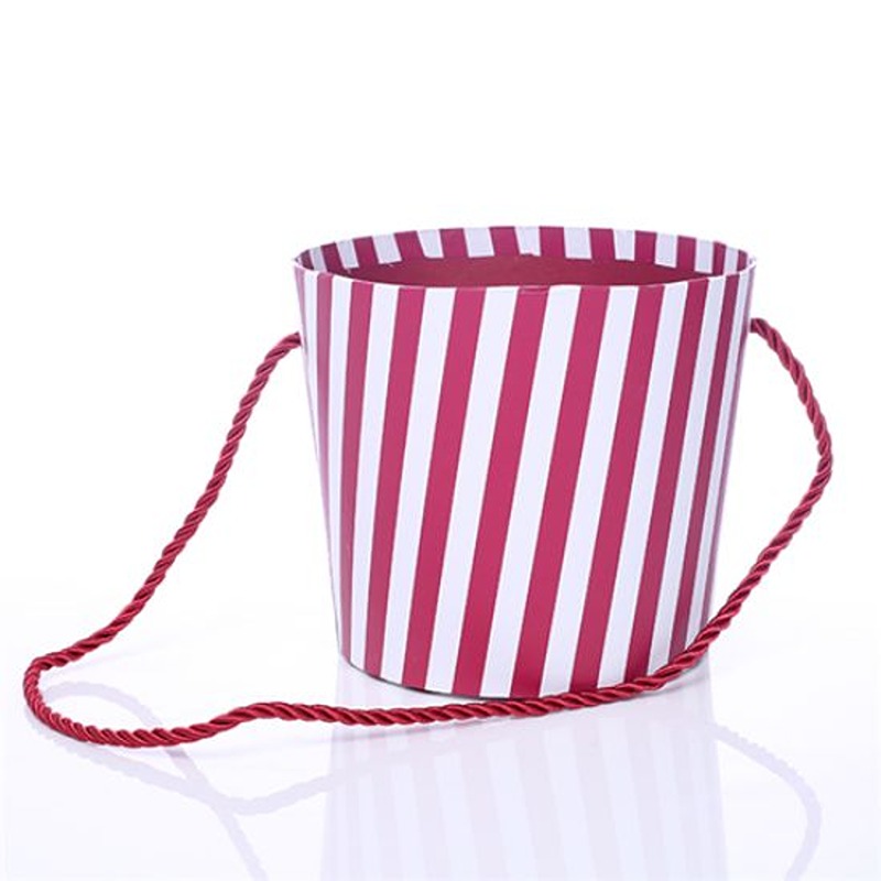Florist Supplies UK - 14cm ROUND CARDBOARD FLORAL POT WITH ROPE HANDLE - STRIPED DARK RED/WHITE - 898828