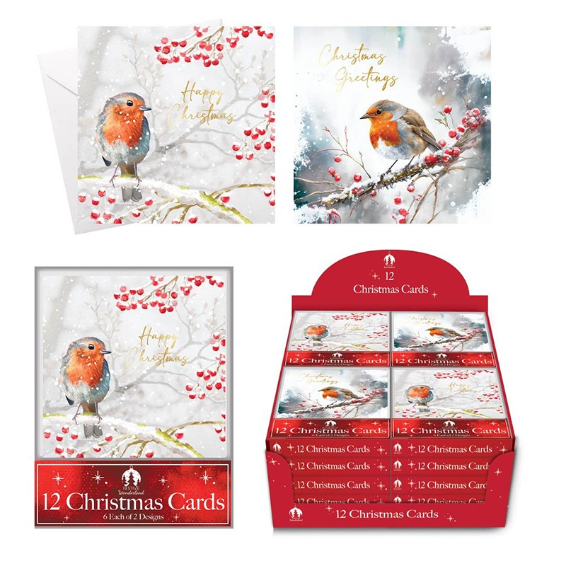 Tallon - 12 XMAS Cards, Acetate Robin and Holly Scene - X9098B