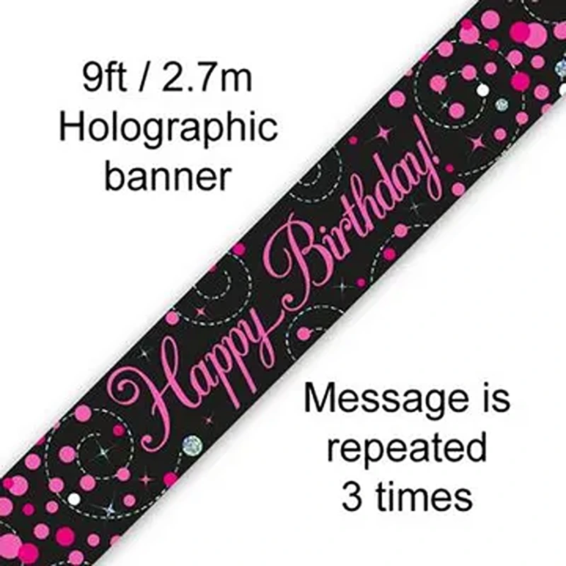 9ft Banner Sparkling Fizz Birthday Black & Pink Holographic - 625792